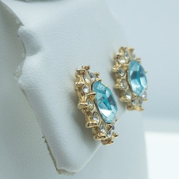 Vintage Aqua Blue Rhinestone Sunburst Stud Earrings - Picture 3 of 11